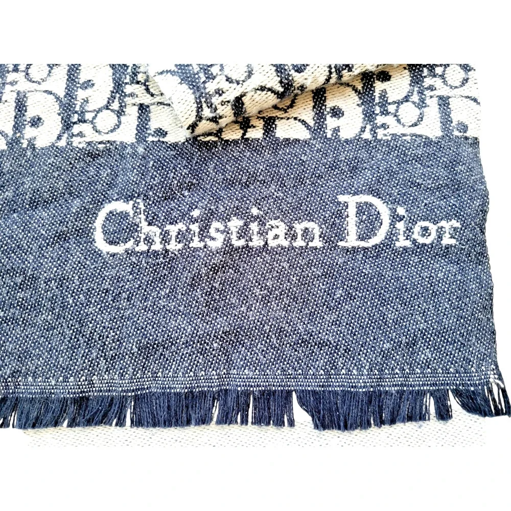 Christian Dior MONOGRAM Oblique 100% Cashmere Scarf Navy Blue & Cream 74
